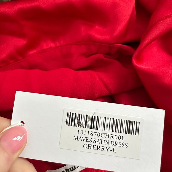 NWT Reformation Maves Bridesmaid Satin Mini Dress Sz Large Cherry Off-Shoulder - Picture 3 of 9